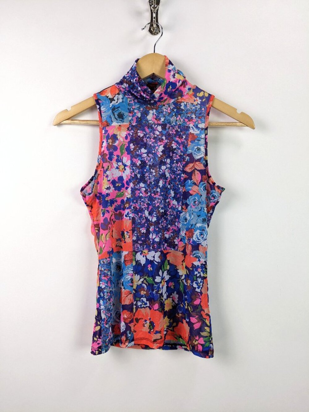 AFRM Patchwork Floral Print High Neck Sleeveless Tank Top Mesh Stretch Size S